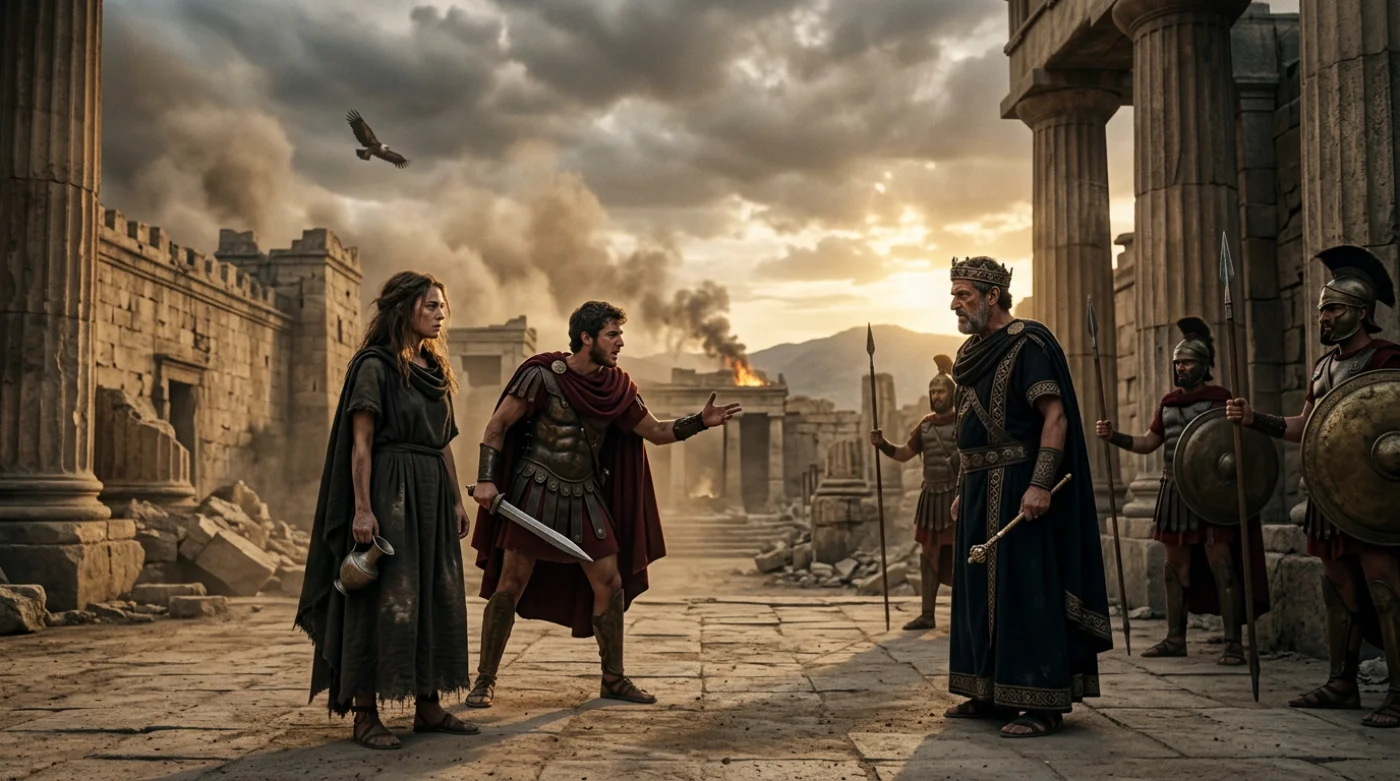 Dramatyczna scena z tragedii Sofoklesa: Antygona i Haemon stoją przed Kreonem w Tebach podczas burzy, symbolizując konflikt między prawem ludzkim a boskim.