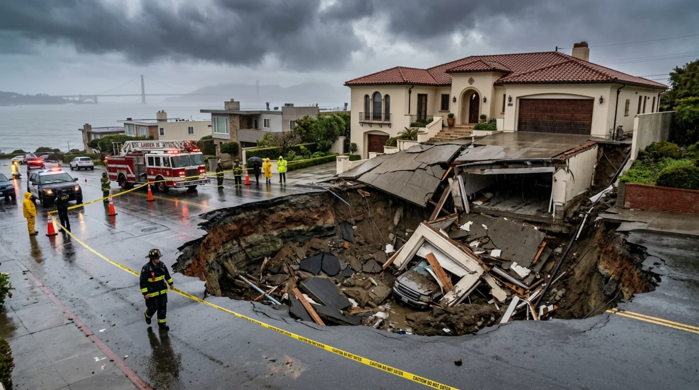 Duży otwór w ziemi na ulicy Sea Cliff w San Francisco pochłania garaż i część budynku podczas ulewnych deszczy.