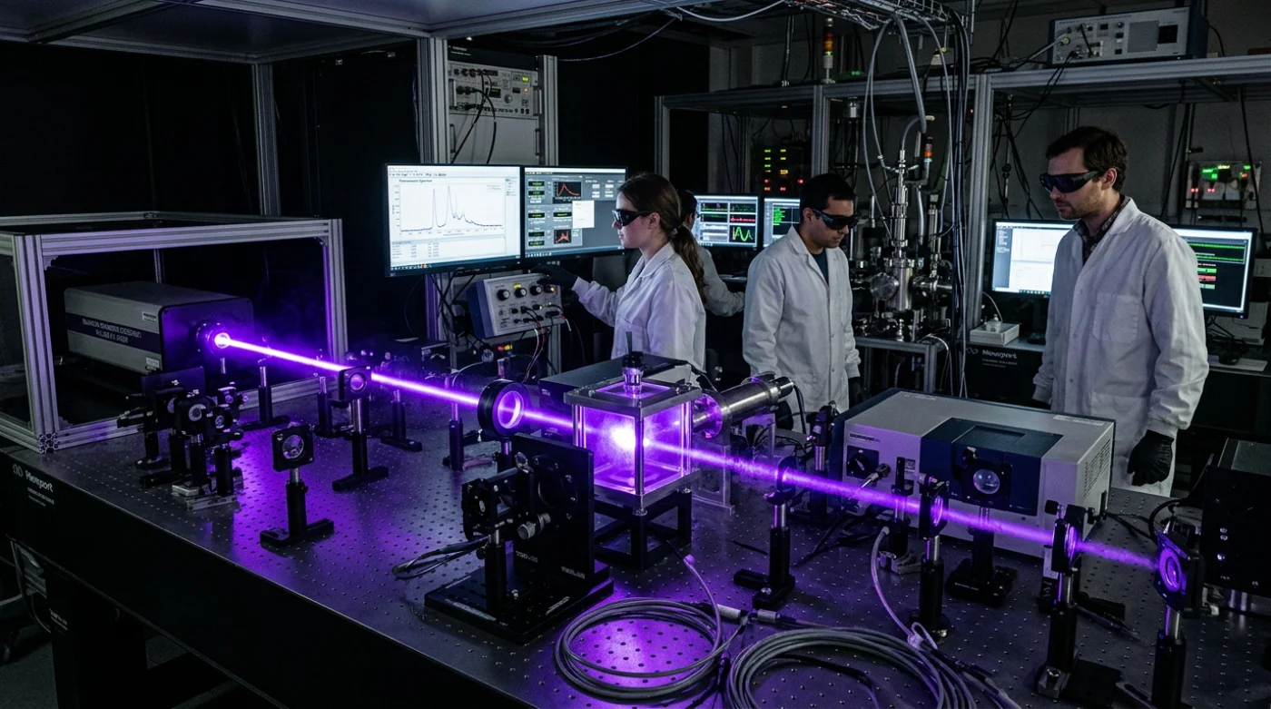 Naukowcy badają zaawansowany laser w nowoczesnym laboratorium, wiązka światła przecina ciemną salę z przyrządami pomiarowymi