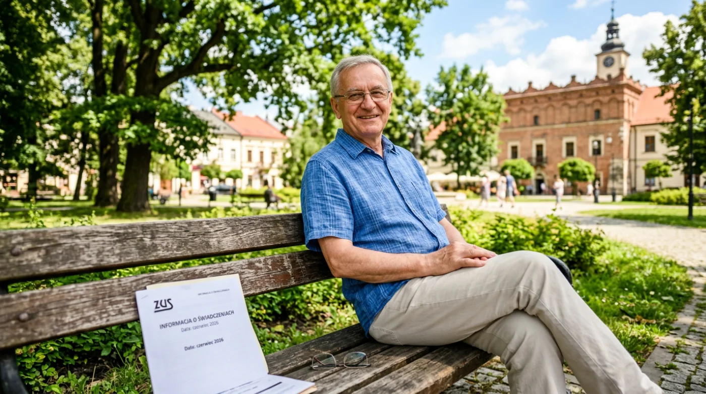 Szczęśliwy senior w parku miejskim, przeglądający dokumenty ZUS na ławce. Scena przedstawia spokojny poranek w Nowym Sączu, symbolizujący stabilność i planowanie finansowe emerytury.
