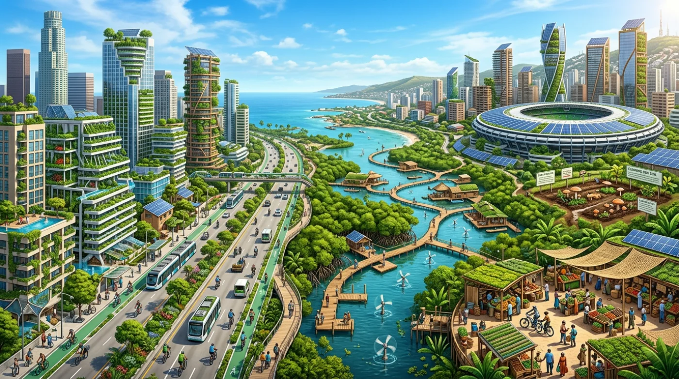 Futurystyczna wizja zrównoważonego miasta łącząca elementy natury i technologii w Los Angeles, Lagos i São Paulo roku 2125. Widoczne są dachy zielone, mokradła energetyczne oraz ekologiczne transporty.