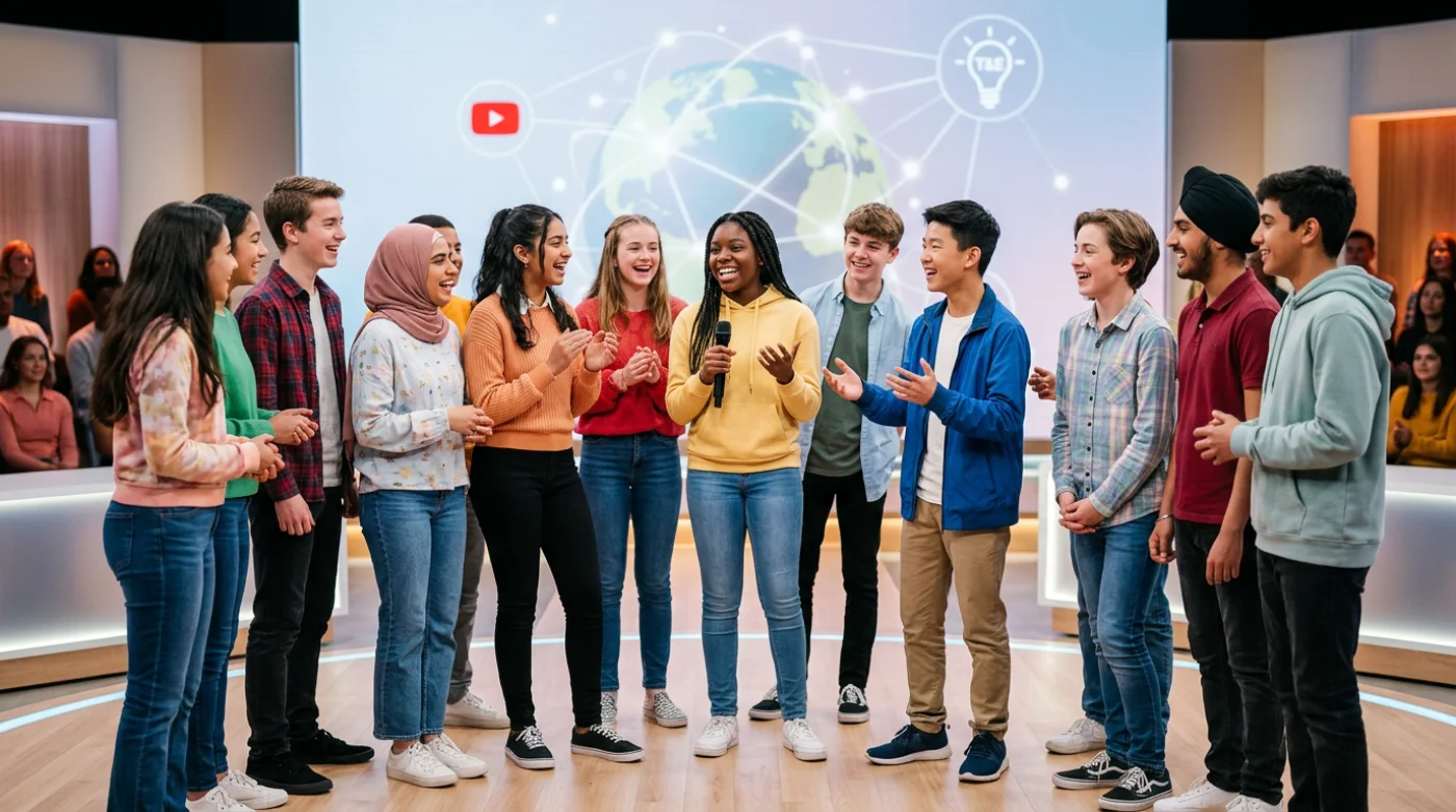 Grupa uczniów z całego świata wspólnie tworząca globalną społeczność pomysłów na scenie edukacyjnej.