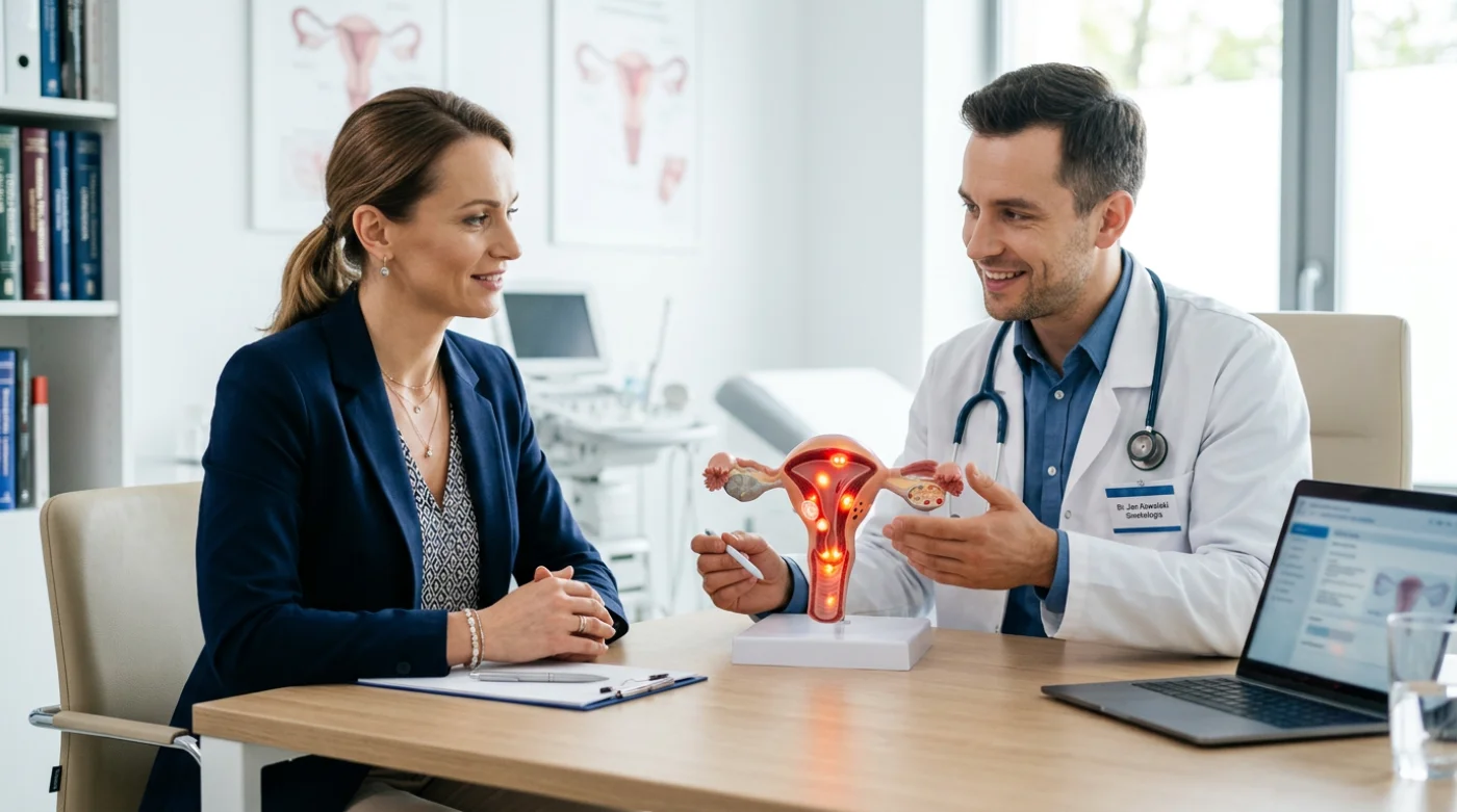Lekarka tłumaczy pacjentce mechanizm bólu miesiączkowego (dysmenorrhea) w nowoczesnym gabinecie lekarskim.