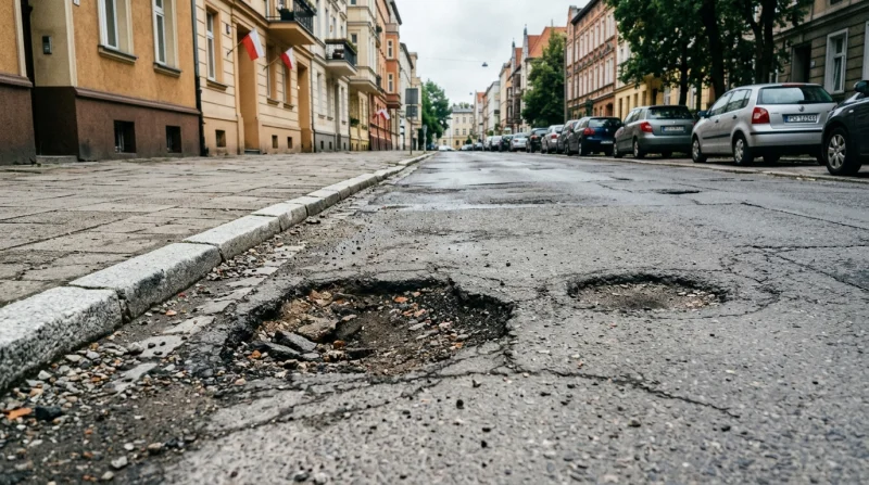 Zbliżenie na dużą dziurę w asfaltowej jezdni miejskiej, ukazujące stan zniszczonej i uszkodzonej nawierzchni drogi