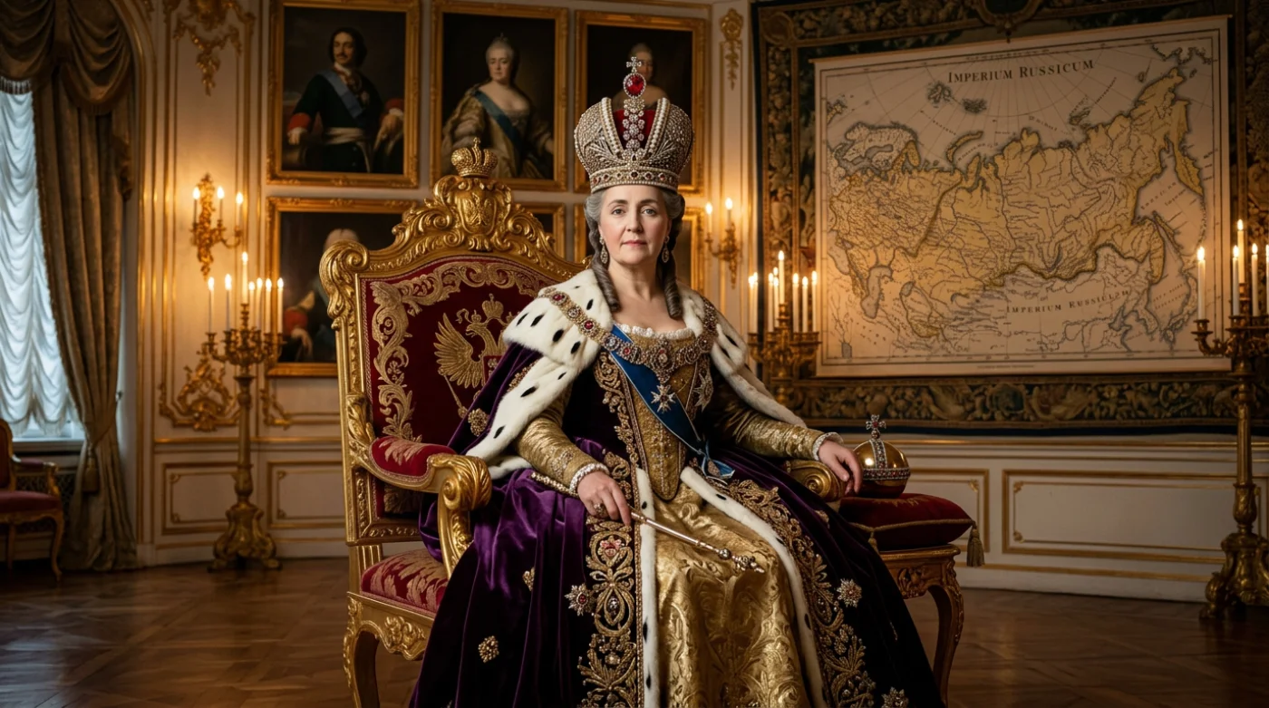 Portret Katarzyny Wielkiej w stroju cesarskim na tle sali pałacowej
