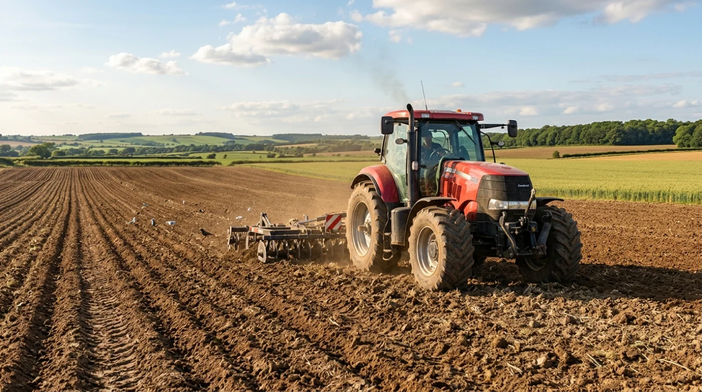 Czerwony traktor rolniczy pracuje na ciemnej ziemi w polu podczas zachodu słońca.