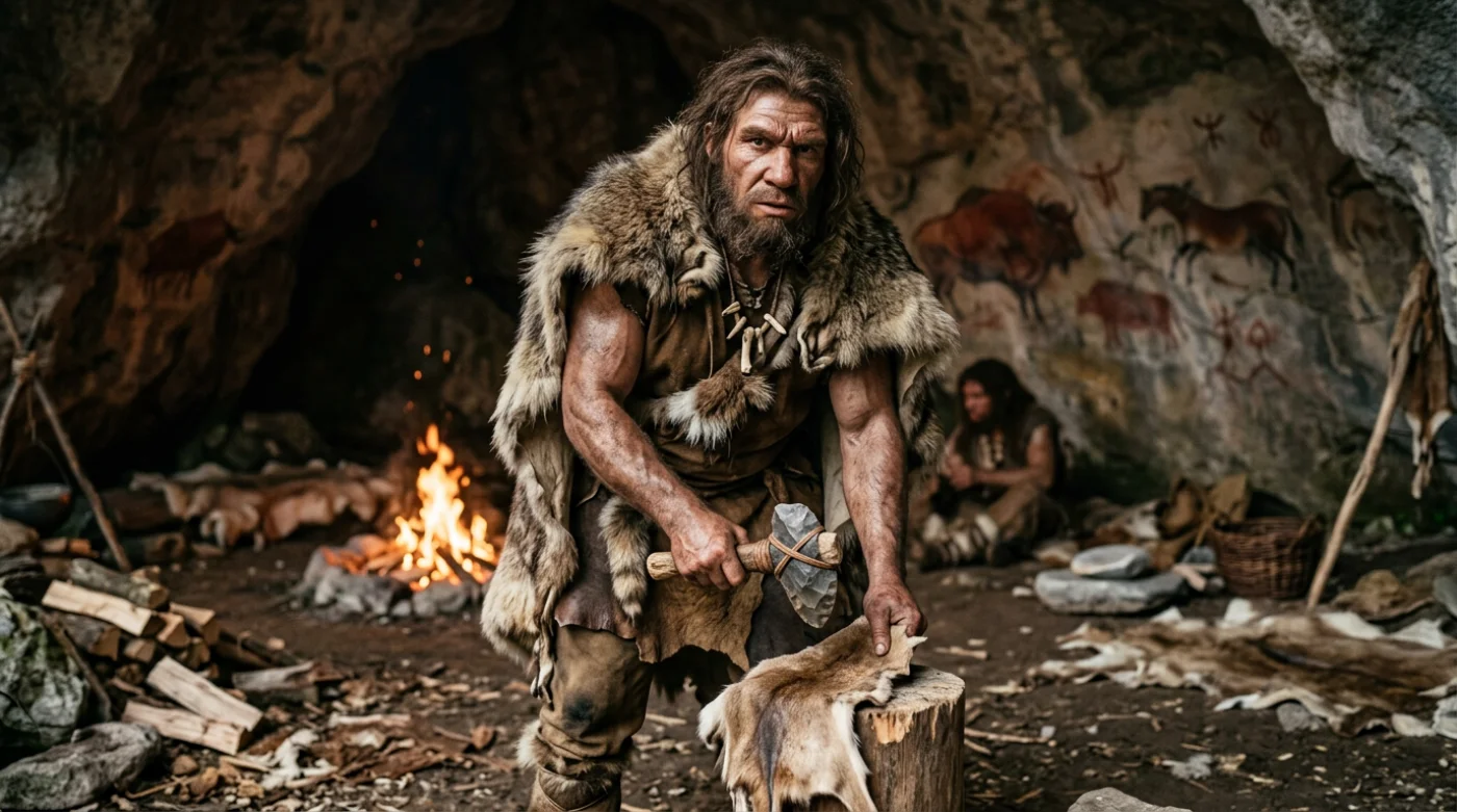 Rekonstrukcja Neandertalczycy w naturalnym otoczeniu jaskini, trzymającej narzędzia i znajdującej się wśród malowideł naskalnych.