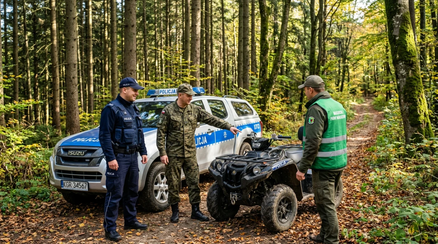 Funkcjonariusze policji i strażnicy leśni prowadzą kontrolę lasu w powiecie gorlickim, sprawdzając nielegalne quady na terenie Magurskiego Parku Narodowego.
