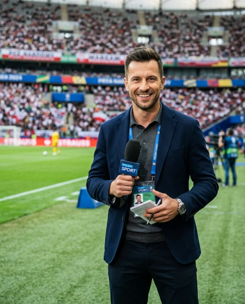Uśmiechnięty sportowiec na boisku, prawdopodobnie po meczu lub podczas wywiadu prasowego. Stoi przed trybunami wypełnionymi kibicami, co sugeruje dużą imprezę sportową.