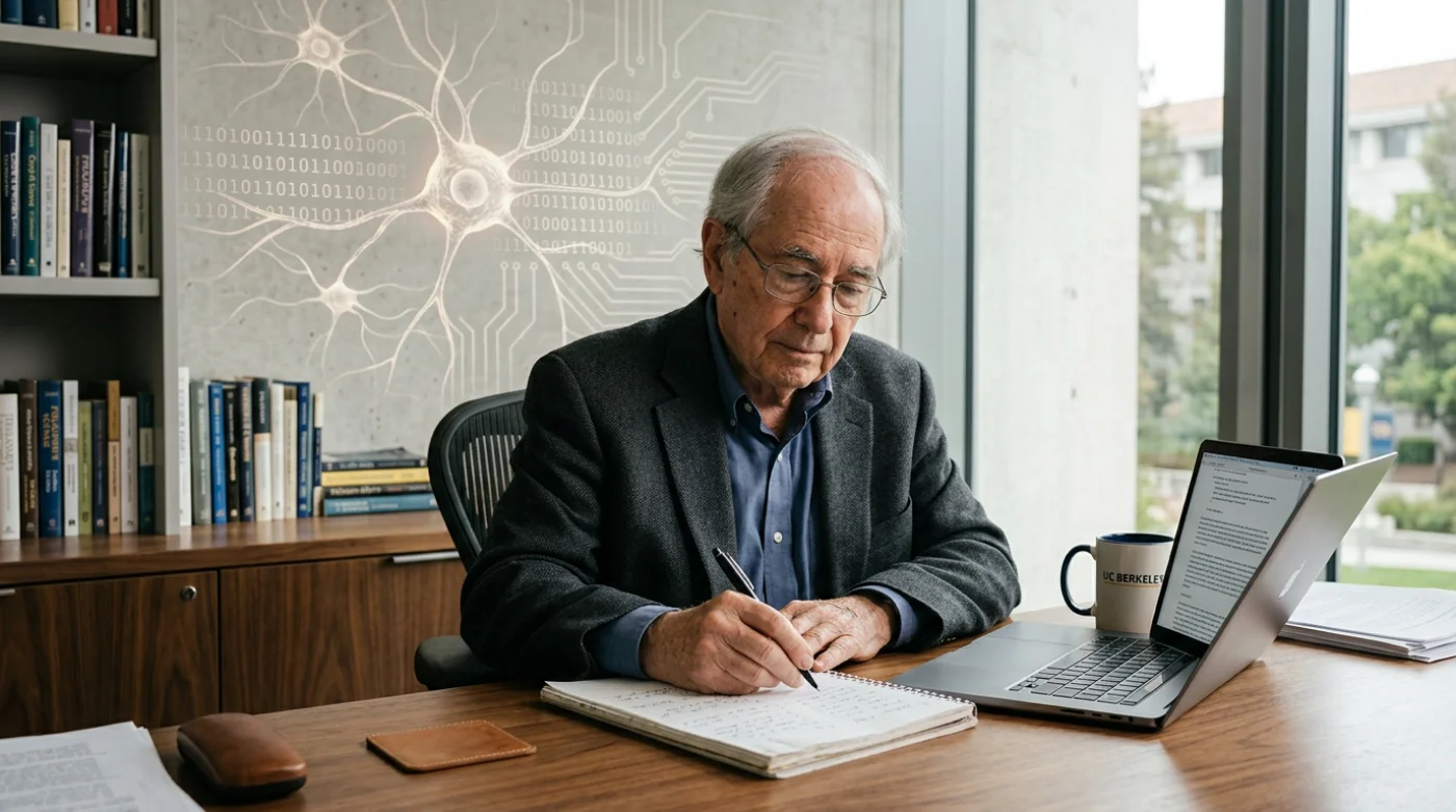 John Searle w nowoczesnym biurze rozważa eksperyment myślowy o więźniu w pokoju i naturę świadomości w sztucznej inteligencji.
