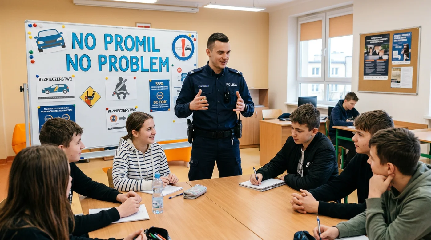 Spotkanie edukacyjne Młodzieżowej Rady Miasta Gorlice z policjantami w ramach kampanii No Promil No Problem w szkole.