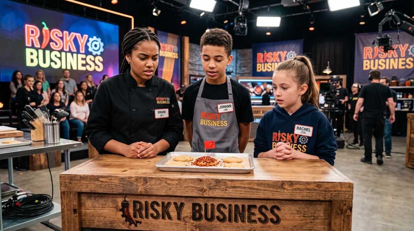 Trzech młodych mężczyzn stoi na drewnianym stole przed ciasteczkami z ostrymi papryczkami chili w scenerii reality show „Risky Business”.