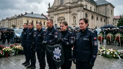 Poruszające pożegnanie młodego policjanta Mateusza Fidelusa w Wadowicach, policjanci trzymają czarną flagę, atmosfera żałoby.
