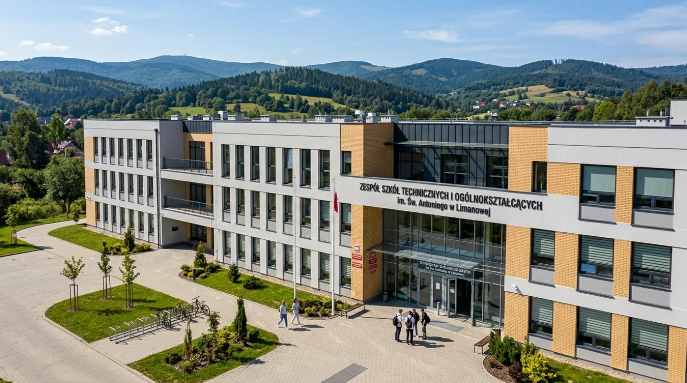 Nowoczesny kompleks edukacyjny Zespół Szkół Technicznych i Ogólnokształcących w Limanowej, widoczny na tle zielonego krajobrazu górskiego.