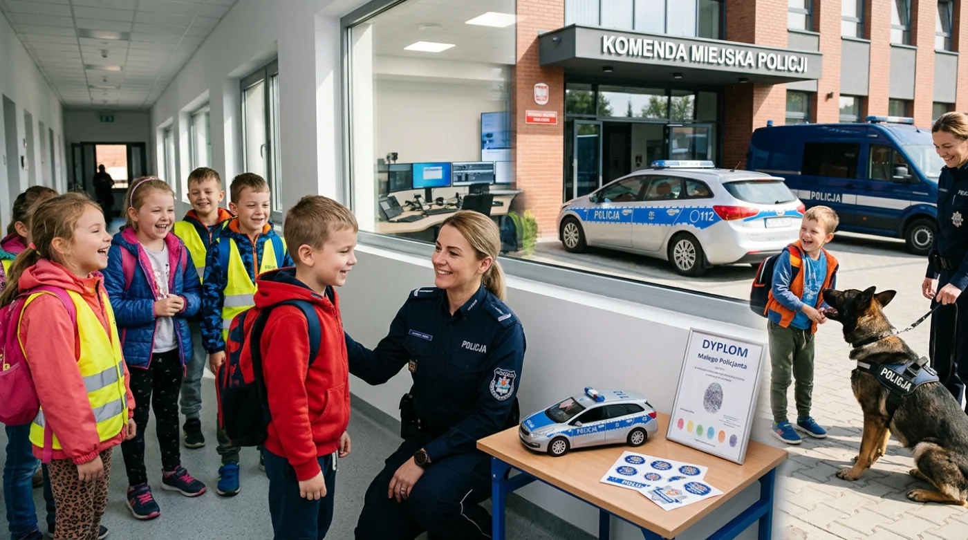 Dzieci z Nowego Sącza zwiedzają komendę policji podczas Dnia Dziecka, oglądają policyjne pojazdy i psa tresera.