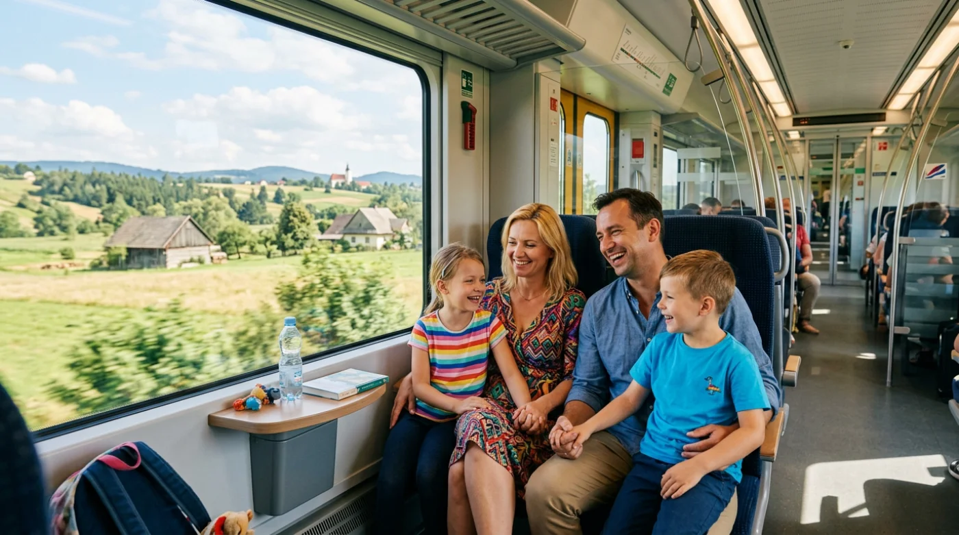 Szczęśliwa rodzina podróżująca pociągiem w Małopolsce podczas promocji na Dzień Dziecka, uśmiechnięta, nowoczesny wagon, malowniczy krajobraz za oknem.