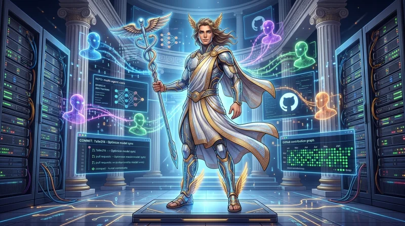 Ilustracja przedstawiająca postać futurystycznego agenta AI o imieniu Hermes, stojącego na podium w otoczeniu cyfrowych interfejsów i danych.