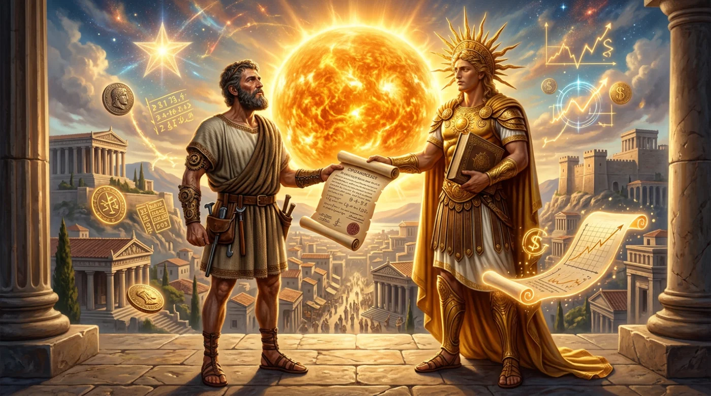 Daedalus rozmawia z bogiem Helios o wartości Słońca i możliwościach jego zakupu w starożytnej Grecji.