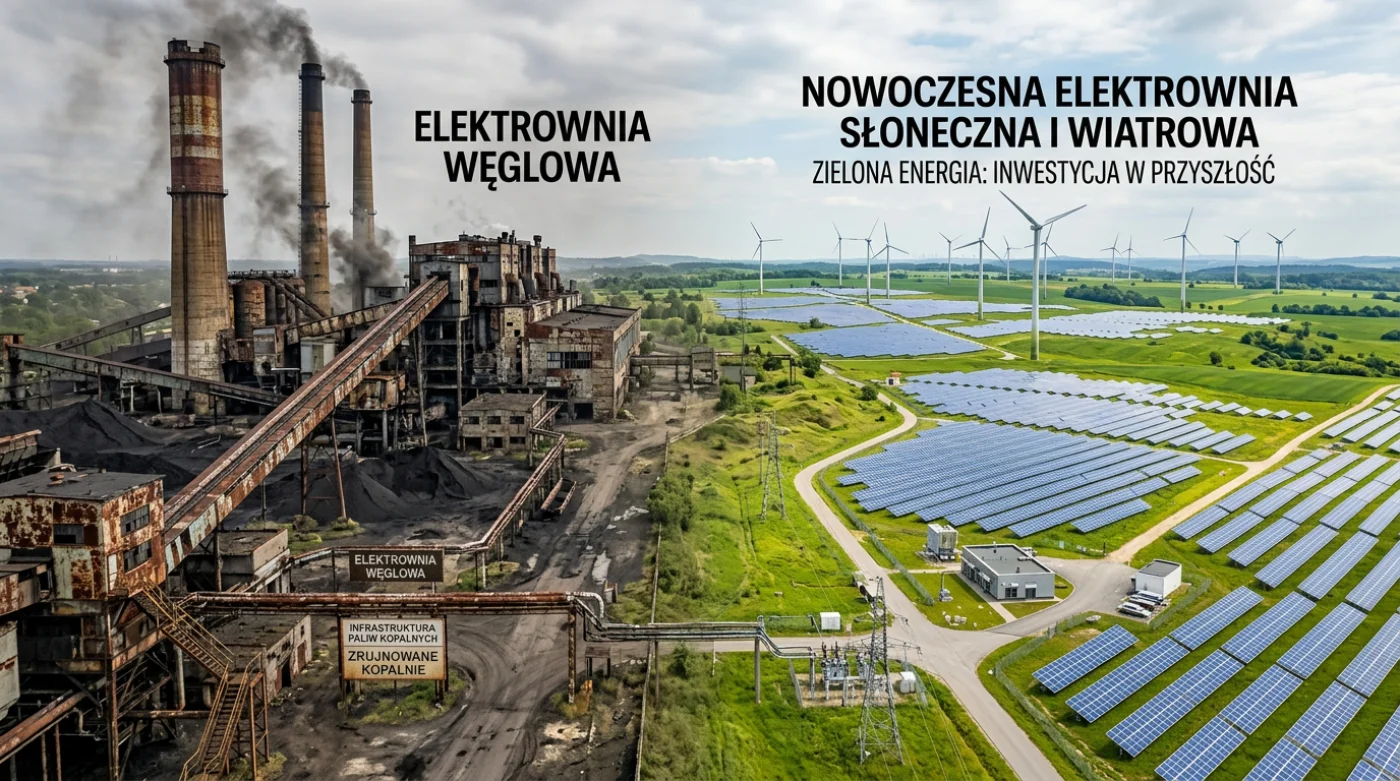 Nagłówek artykułu o paradoksie bilionowych dolarów i konieczności przejścia na energię odnawialną, przedstawiający wizualnie transformację z paliw kopalnych do zielonych technologii.