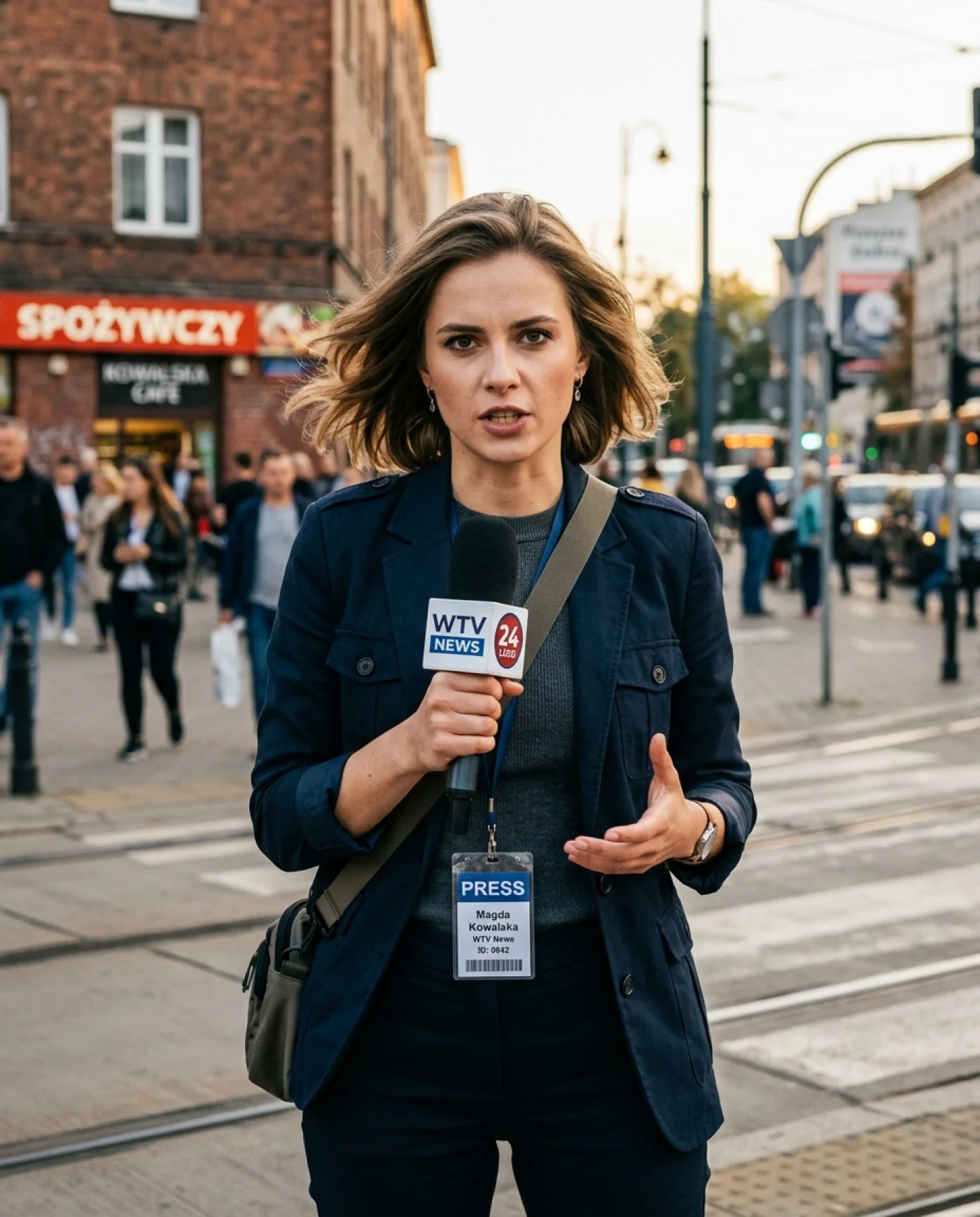 Kobieta w średnim wieku, z długimi brązowymi włosami, ubrana w ciemny płaszcz i marynarkę, stoi na ulicy miejskiej podczas wywiadu prasowego.