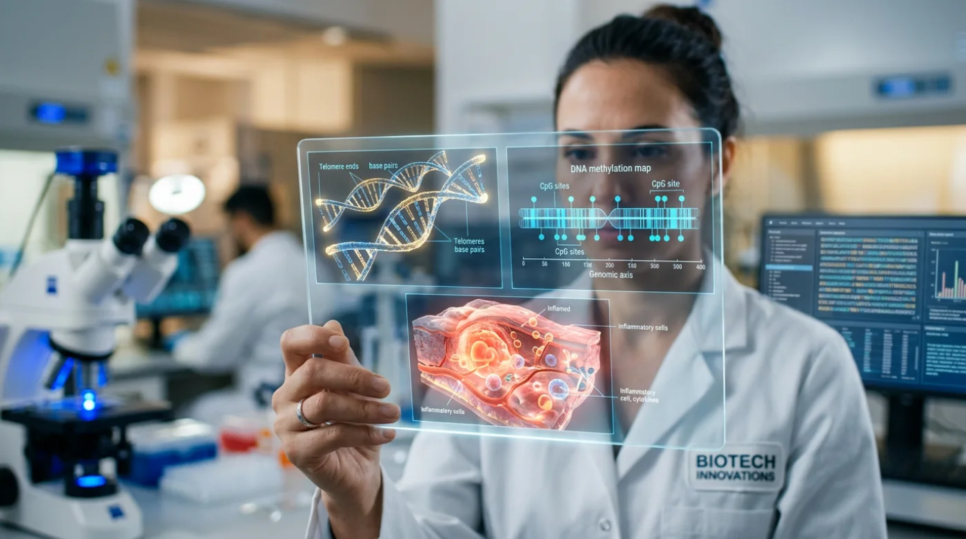 Wizualizacja trzech wskaźników starzenia: telomery, metylacja DNA i stan zapalny w nowoczesnym laboratorium.