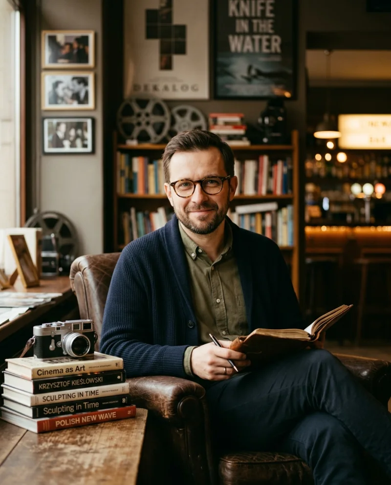 Mężczyzna w okularach, siedzący w fotelu otoczony książkami i elementami filmowymi, czytający z opuszczoną książką na kolanach.