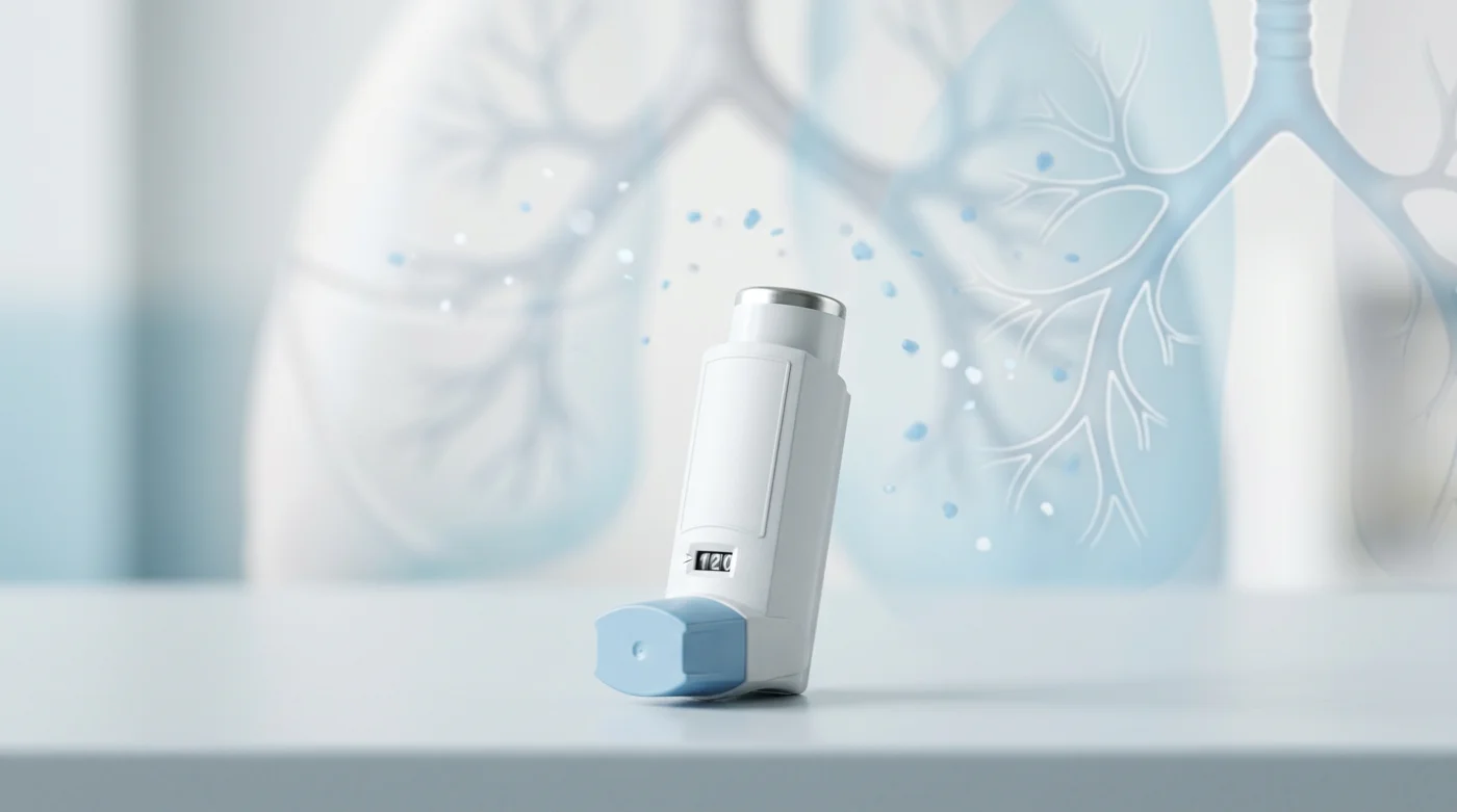 Nowoczesny inhalator z dozownikiem MDI na jasnym blacie, w tle widoczna grafika przedstawiająca rozgałęzienia oskrzeli i układ oddechowy, symbolizująca działanie leku.
