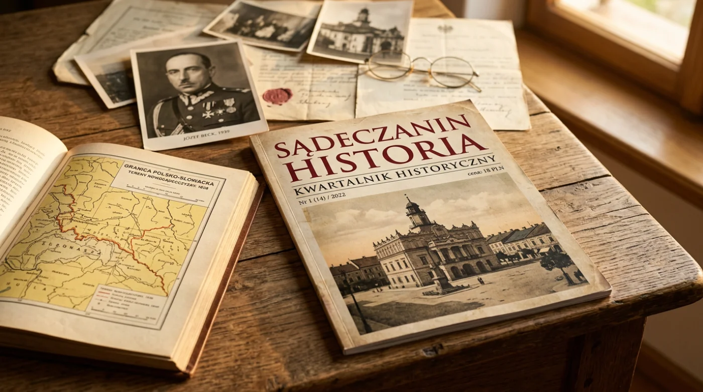 Okładka kwartalnika historycznego Sądeczanin Historia z 2022 roku leżąca na drewnianym stole w Nowym Sączu, otoczona dokumentami i zdjęciami Józefa Becka.