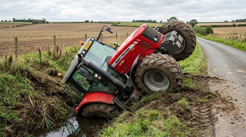 Czerwony traktor rolniczy utknął w błotnym rowie na drodze wiejskiej pod niebieskim niebem.