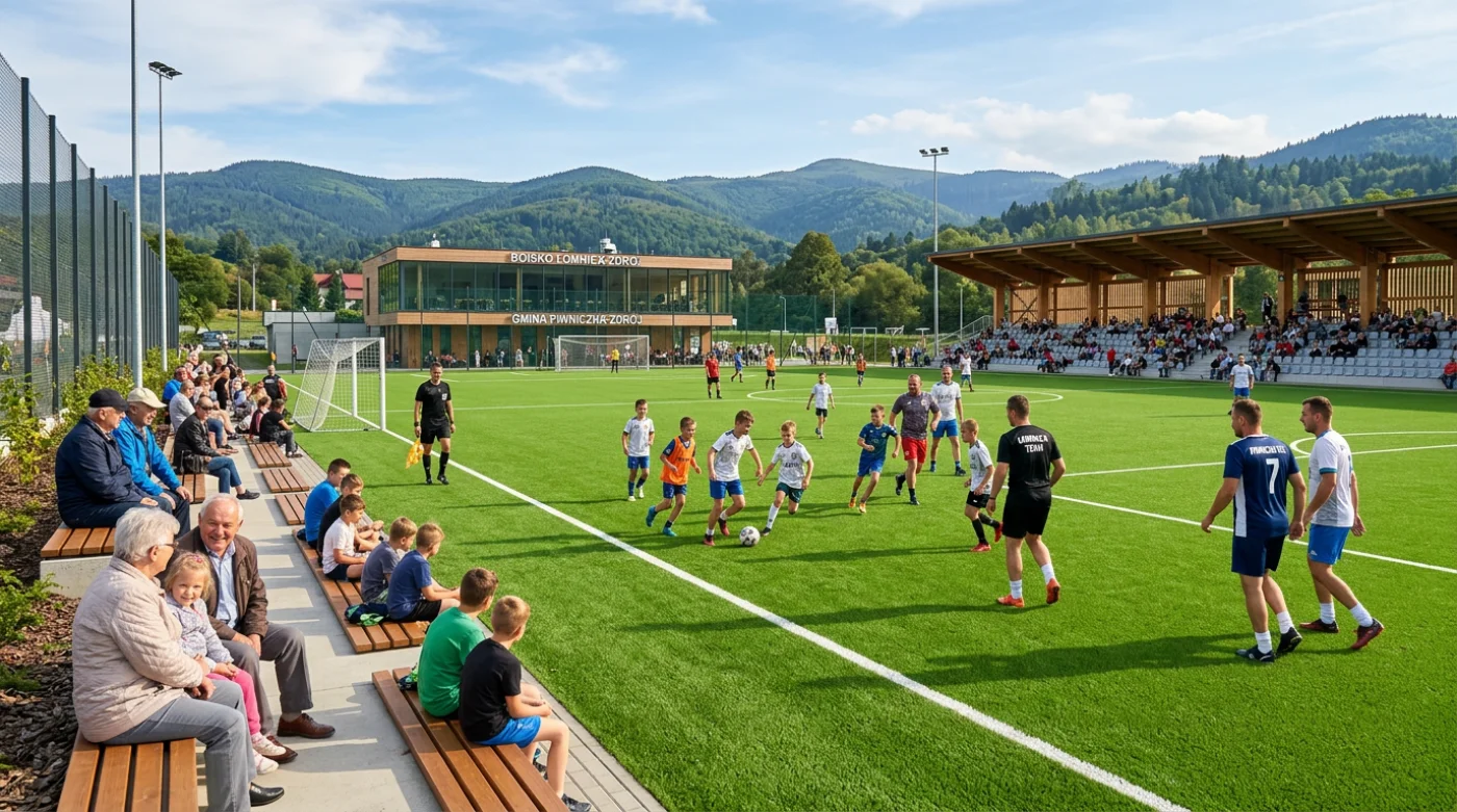 Nowoczesne boisko sportowe w Łomnicy-Zdroju po remoncie, gdzie mieszkańcy różnych pokoleń korzystają z infrastruktury sportowej w gminie Piwniczna-Zdrój.