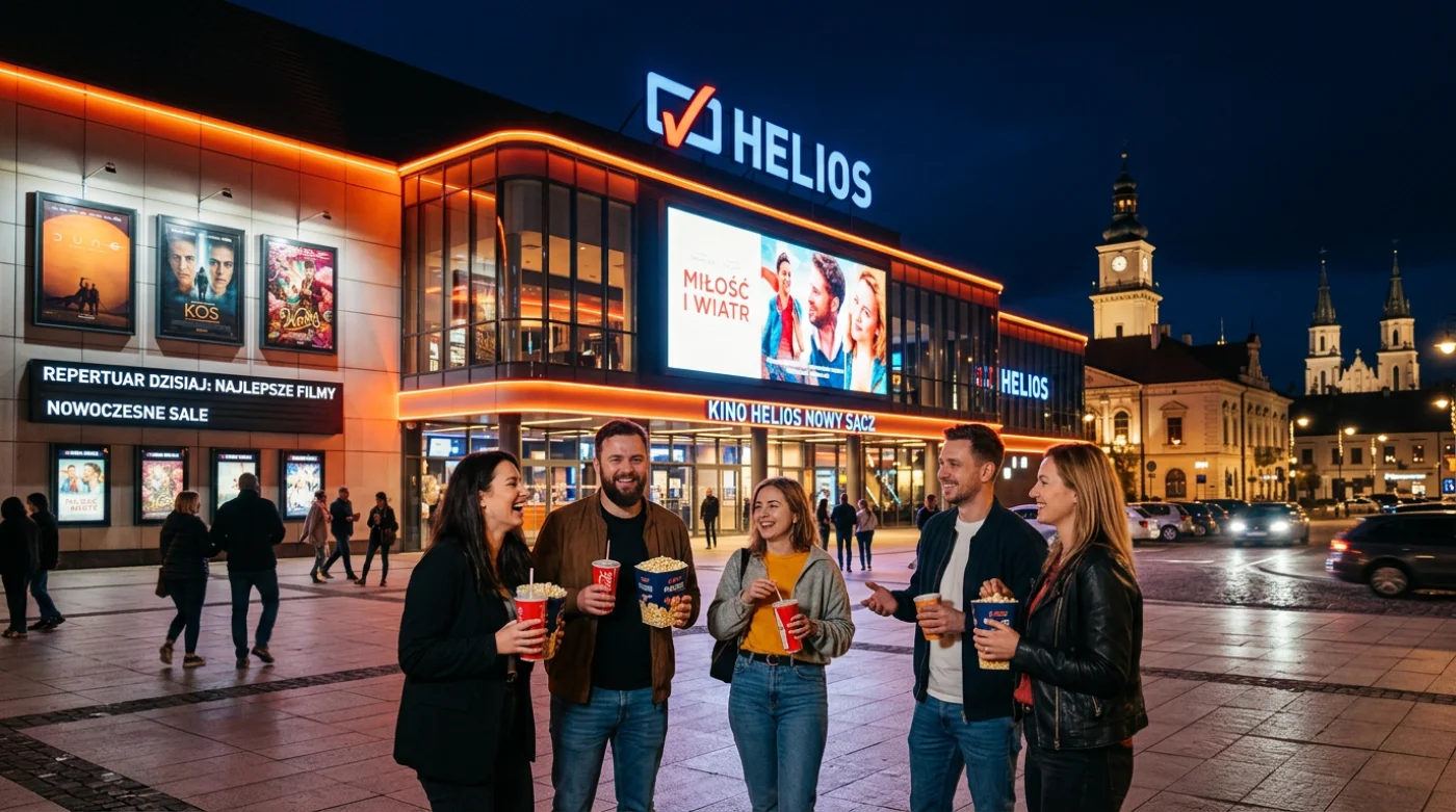 Nagłówek artykułu o repertuarze kina Helios w Nowym Sączu do 4 czerwca, przedstawiający kino i mieszkańców planujących wizytę