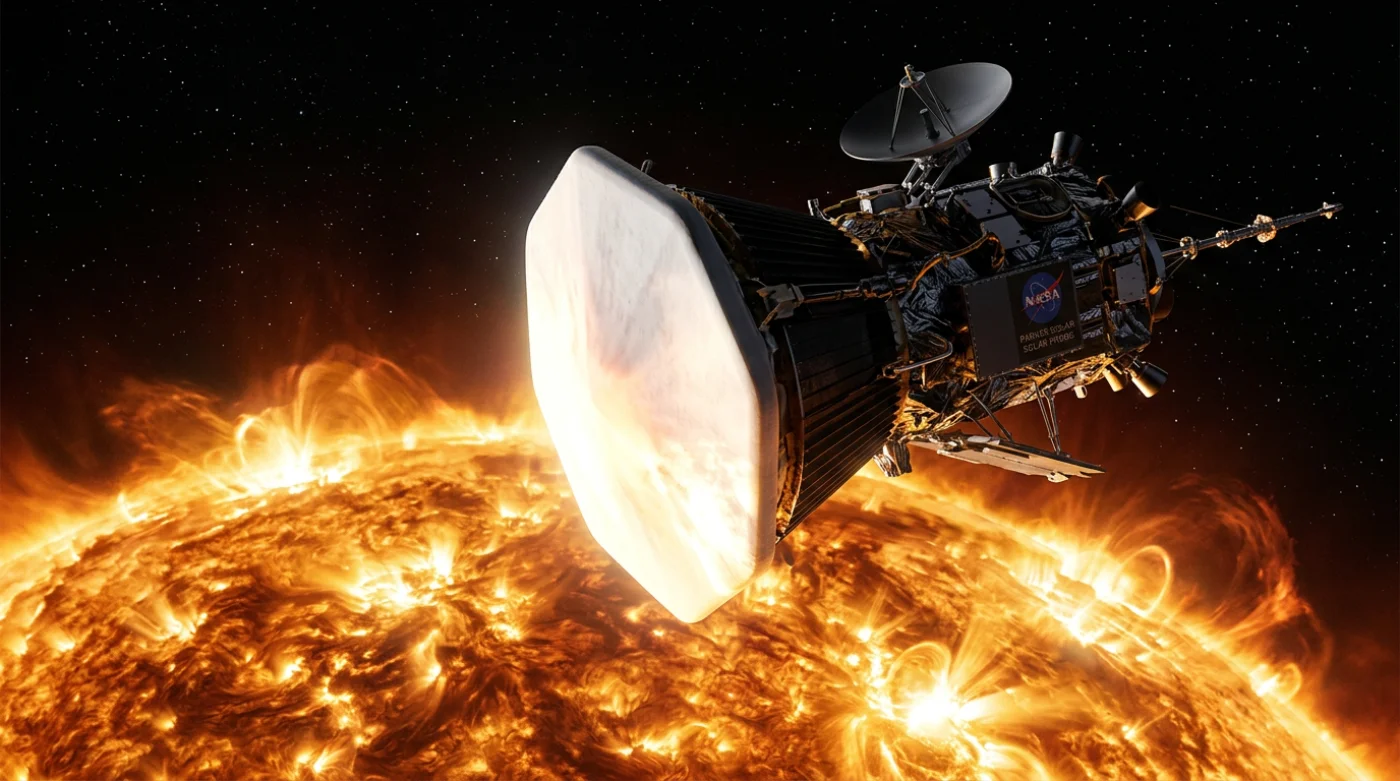 Sonda Parker Solar Probe w cieniu tarczy termicznej podczas bliskiego podejścia do Słońca z widoczną aktywną koroną słoneczną w tle.