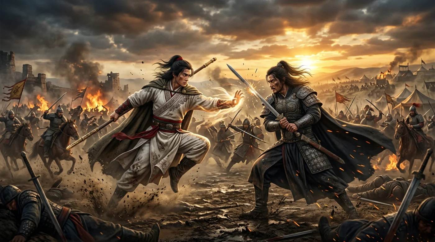 Dramatyczna scena walki z chińskiej powieści wuxia 'Legenda o Bohaterach Orła' przedstawiająca konflikt braci Guo Jing i Yang Kang na tle bitwy z epoki dynastii Song.