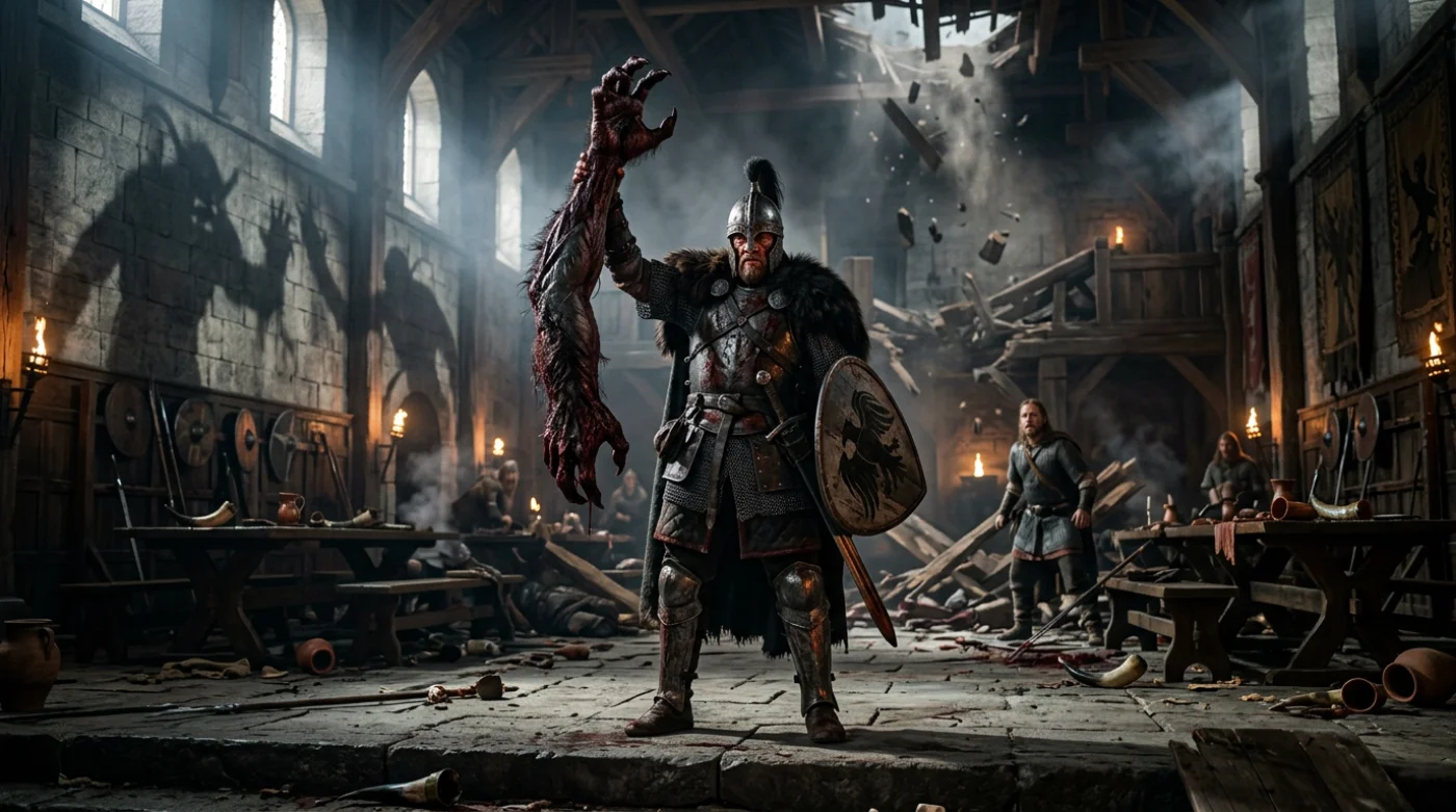 Beowulf w pełnej zbroi stoi w ruinach sali Danii po walce z Grendelem. Trzyma potworne ramię, a za nim widoczne są dramatyczne cienie i elementy średniowiecznej architektury.