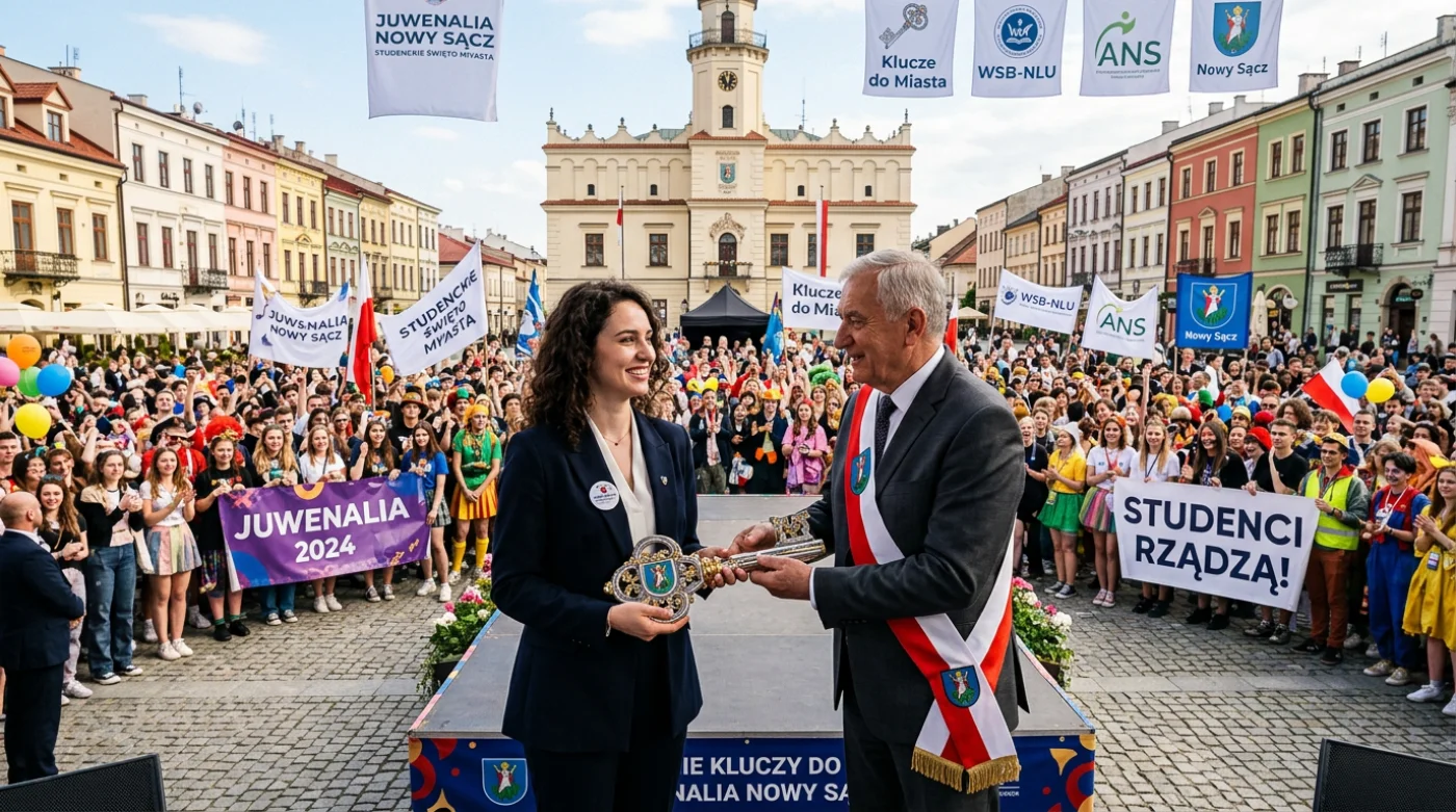 Uroczysty akt przekazania kluczy do miasta podczas Juwenaliów w Nowym Sączu, studenci i goście na tle historycznej architektury.