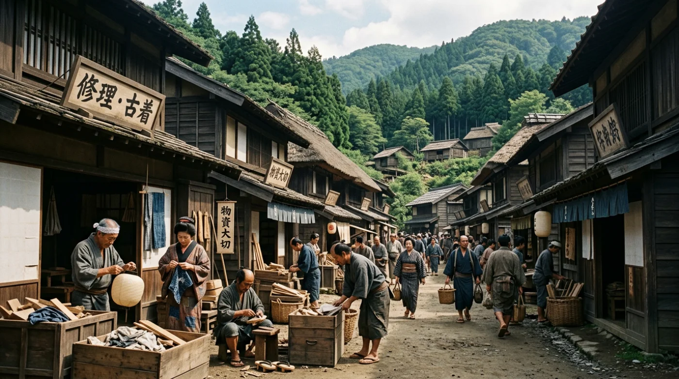 Ulica w historycznej dzielnicy Edo (Tokio), przedstawiająca tradycyjną architekturę japońską z epoki Tokugawa. Widoczne są drewniane domy, sklepiki i elementy życia codziennego, podkreślające związek między historią a ekologiczną 