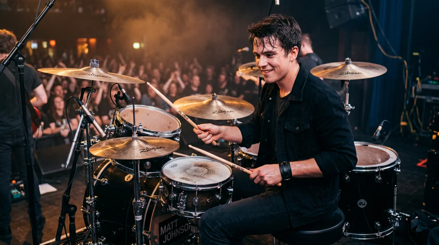 Perkusista Matt Johnson wykonuje energiczny występ na scenie podczas koncertu zespołu muzycznego.
