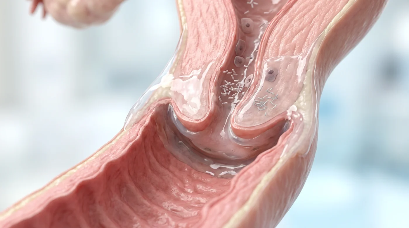 Diagram przedstawiający przekrój anatomiczny i mechanizmy wydzielania w zdrowej pochwie, ukazujący śluz szyjkowy oraz obecność bakterii Lactobacillus.