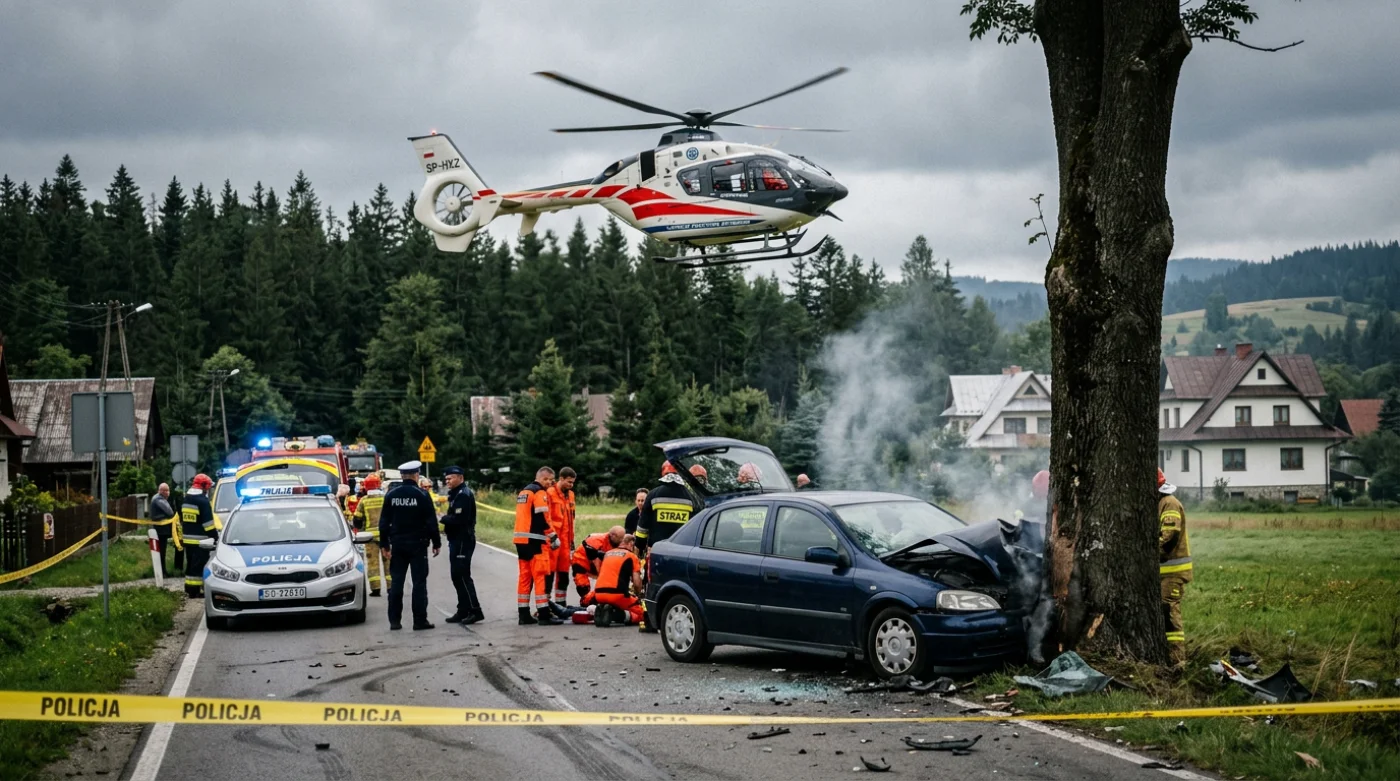 Miejsce wypadku w Trybszu z uszkodzonym samochodem i śmigłowcem LPR na niebie, ratownicy i policja zabezpieczają teren.