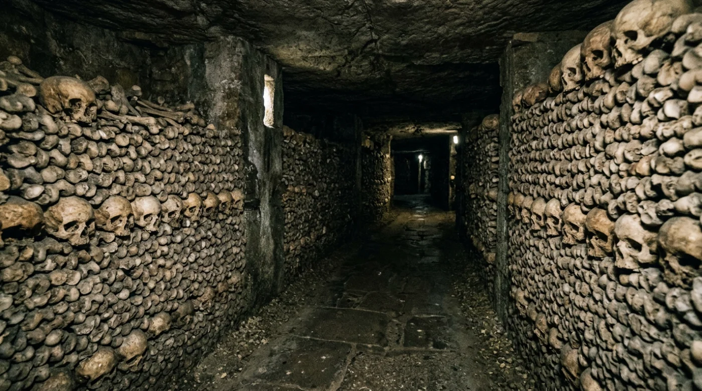 Mroczne wnętrze paryskich katakumb z monumentalnymi ścianami pokrytymi tysiącami ułożonych czaszek i kości ludzkich, tworząc złowieszyczny widok historycznego cmentarza podziemnego.