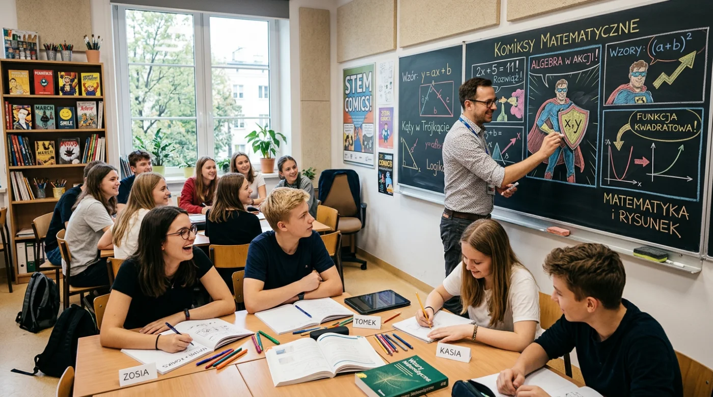 Nauczyciel rysujący komiksy prowadzi innowacyjne zajęcia z uczniami w nowoczesnej klasie, wykorzystując grafiki do nauki matematyki.