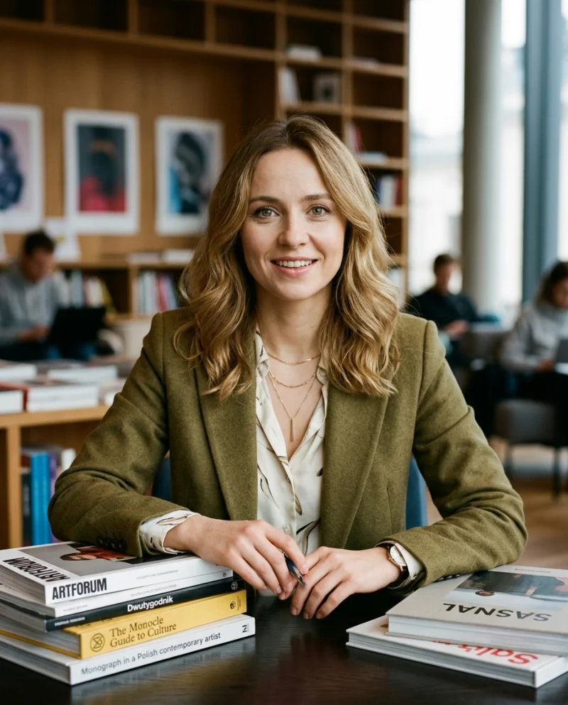 Uśmiechnięta kobieta o blond włosach w zielono-oliwkowej marynarce siedzi przy stole z książkami, otoczona biblioteczką i pracującymi ludźmi.