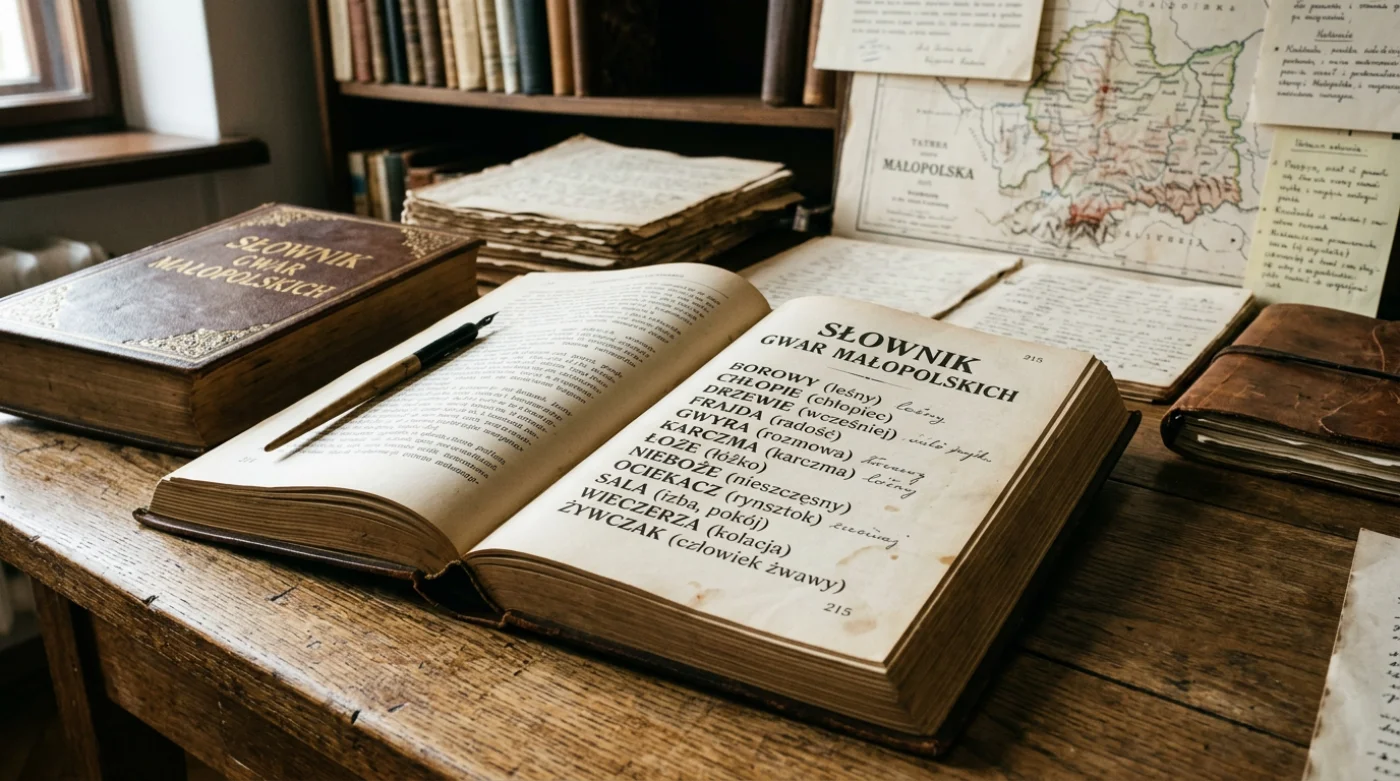 Stary słownik gwary małopolskiej na drewnianym stole z historycznymi materiałami edukacyjnymi w tle.