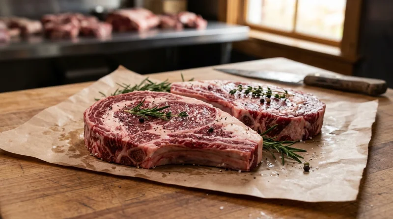 Świeżo usmażony lub grillowany stek wołowy na papierze do pieczenia, gotowy do podania.