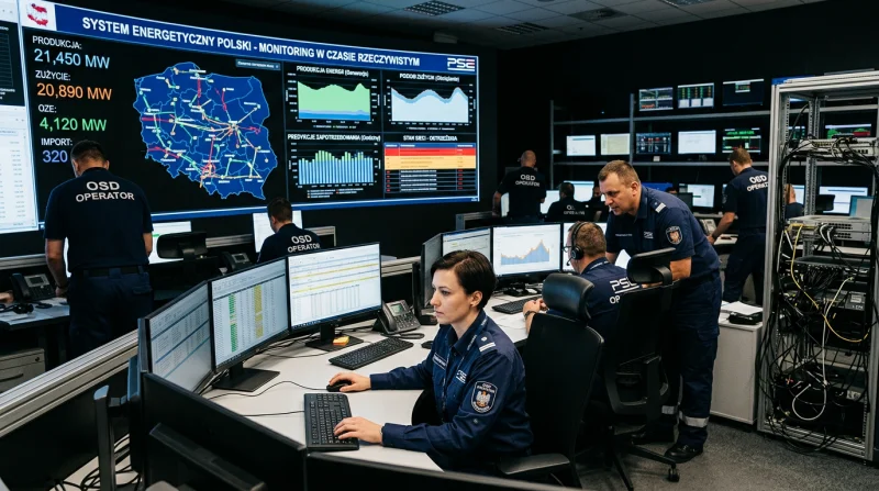 Operatorzy monitorują przepływ energii w czasie rzeczywistym z pulpitu sterowania systemu energetycznego.