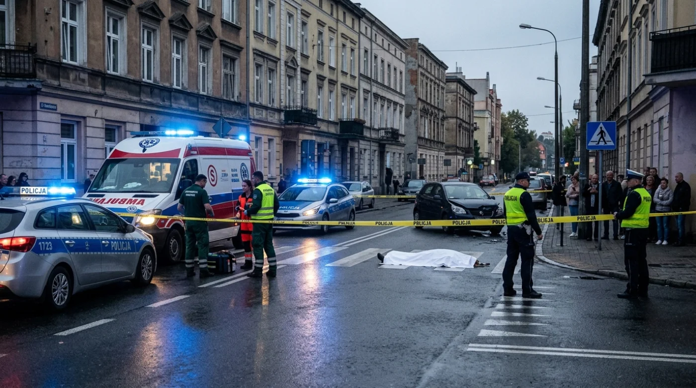 Policjanci zabezpieczają miejsce wypadku drogiego z ofiarą śmiertelnego potrącenia w miejskiej okolicy
