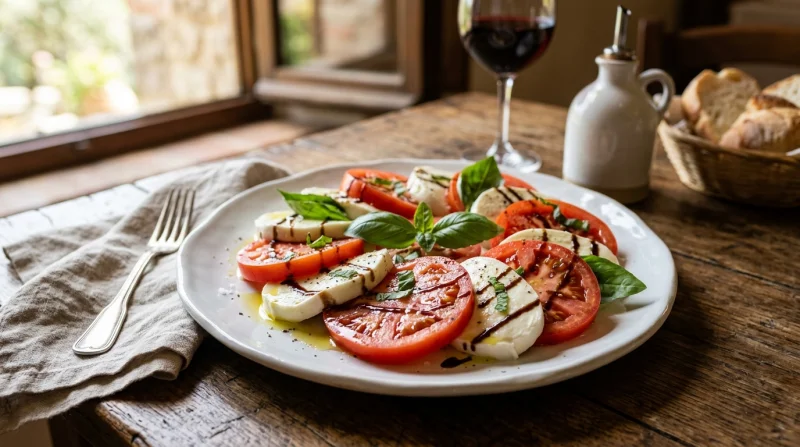Świeże carpaccio z pomidorów i mozzarelli, udekorowane bazylią, podane na drewnianym stole w jasnym wnętrzu.