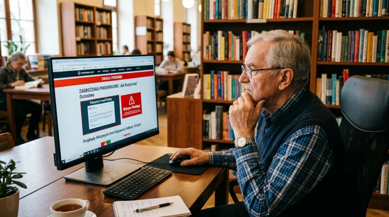 Starszy mężczyzna uczy się bezpiecznego korzystania z Internetu; na ekranie widoczne są ostrzeżenia przed phishingiem.