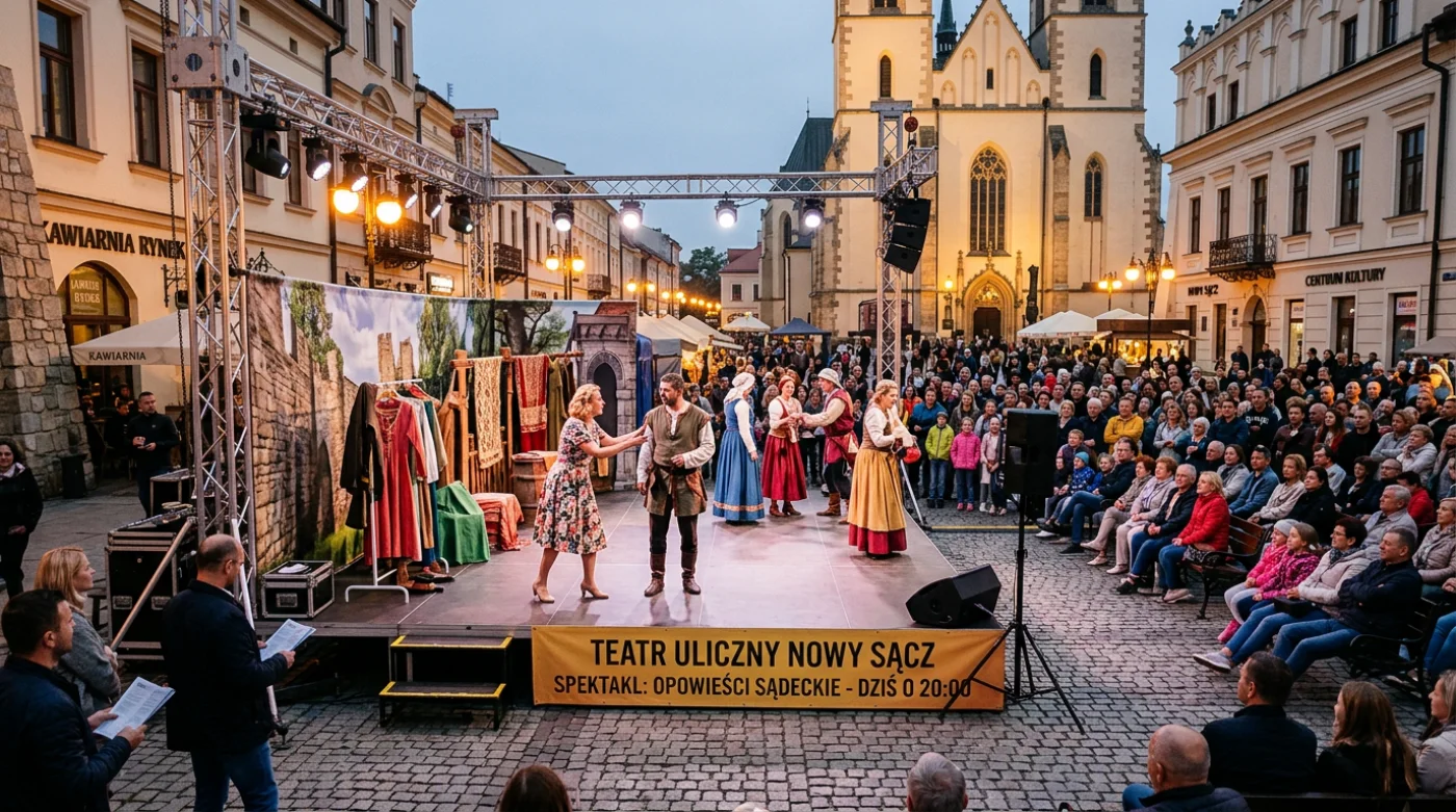 Scena teatru plenerowego na ulicy w Nowym Sączu, gotowa do spektaklu z widownią i dekoracjami.