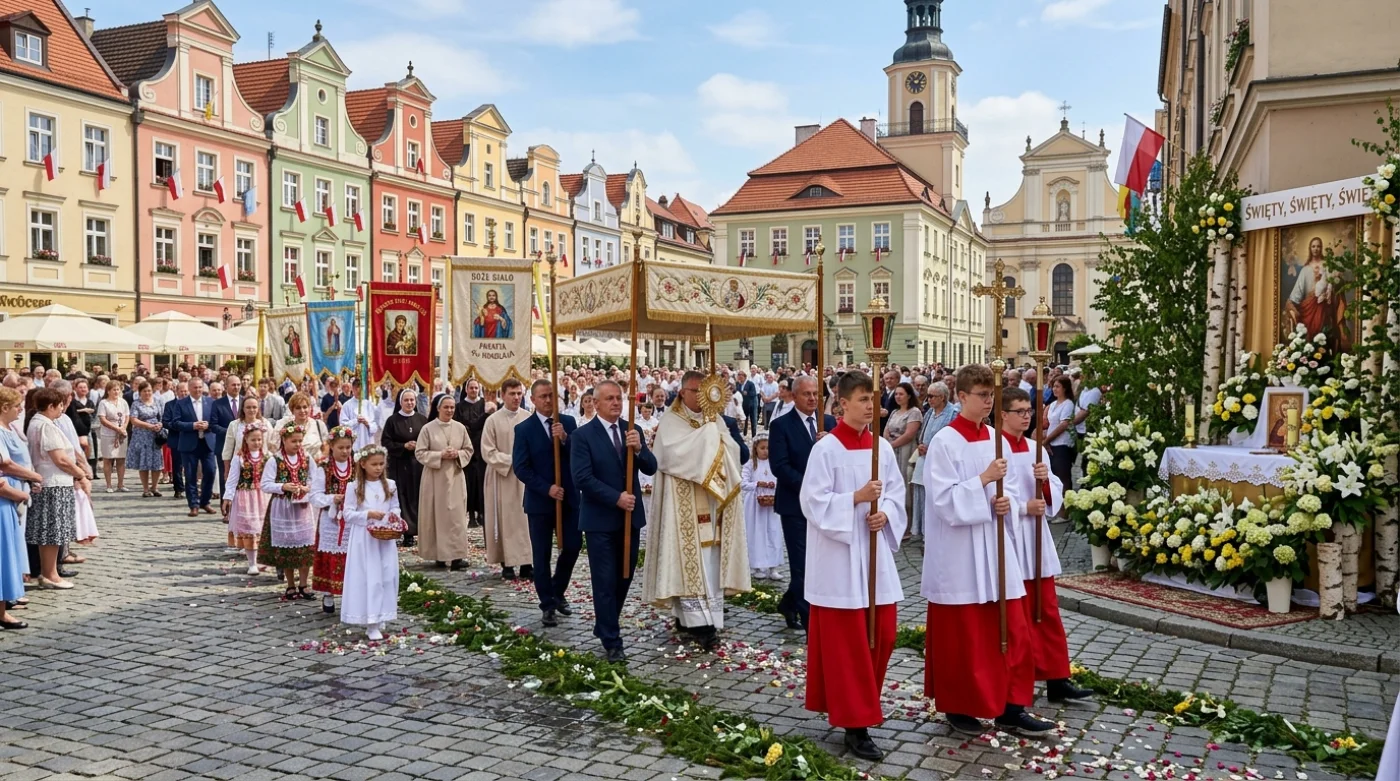 Uroczysta procesja Bożego Ciała w malowniczym mieście. Widać grupy ludzi przechodzących ulicą z religijnymi elementami, co podkreśla historyczny i kulturowy charakter wydarzenia.